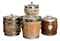 THREE SILVER PLATE-MOUNTED BISCUIT BARRELS,