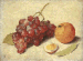 A bunch of grapes on the vine, an orange segment and an orange, with a leaf and a fly 