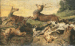 Dogs hunting deer in a landscape  