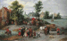 A village landscape with wagons on a track by a river, an elegant family in the foreground, a peasant watering his horse at a pond beyond 