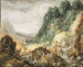 A mountainous river landscape with a goatherder resting on a rock, a watermill and a waterfall beyond 