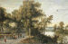 A wooded river landscape with soldiers, peasants and huntsmen on a path, a church through the trees beyond 