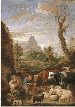 A pastoral landscape with a shepherd playing a pipe with cattle and sheep 