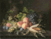 Peaches, grapes on the vine, plums, a melon and corn on the cob on a marble ledge with an urn 