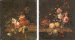 A rose, a tulip, oranges, cherries, and blackberry blossom on a stone ledge; and Peaches, roses, a marrow, grapes, an orange on the branch, cherries and hazelnuts on a stone ledge 