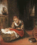 An interior with a young girl eating curds from a bowl, and an infant in a wicker cradle, a cat before a chair beside them 