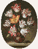 Tulips in a vase with a caterpillar and a grasshopper on a stone ledge, and dragonflies and a bee 