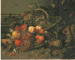 Apricots, peaches, plums, a pomegranate, a watermelon, an orange, a pear and corn in a basket, with cherries, chestnuts, snails, a bee, a squirrel and a dragonfly 