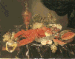 A lobster with grapes and a peach in a Wan-li 'kraak' porselein bowl, a silver-gilt cup and cover, a façon-de-Venise wine glass, a melon, a knife, and a pewter platter with a partly peeled lemon on a partly draped table ledge with a curtain 