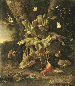 A forest floor still life with a blue tit, a chaffinch, a kingfisher, a large tortoiseshell butterfly, a painted lady and a red admiral. 