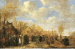 A village landscape with crowds gathering around quack doctors  