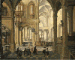 The interior of a church with a sermon in progress, a christening party in the foreground 