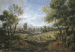 An extensive river landscape with peasants during the harvest, a lakeside town beyond 