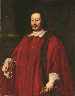 Portrait of a gentlemen, three-quarter-length, in crimson robes of office, resting his right hand on a chair with a letter, and gloves in his left hand 