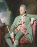 Portrait of Francis Lind, three-quarter-length, seated before a music stand on a pink chair, in a powdered wig, a green coat and breeches and a pink waistcoat embroidered with gold, holding a flute in his right hand, by an open window  