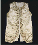 A gentleman's waistcoat of pale green silk, the neckline, front opening and pockets embroidered with trailing rose-buds on thorny stems--mid 18th century, stain; a gentleman's waistcoat of cream silk satin, the neckline, front opening and pockets embroidered in coloured silks, metal thread and sequins with scrolling, flowering stems--mid 18th century, a little wear; and three other 18th century waistcoats, damaged