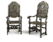 A PAIR OF SPANISH BRASS-MOUNTED EBONISED OPEN ARMCHAIRS  