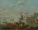 A river estuary with boats, a windmill beyond  