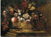 Flowers in a decorative gold vase on a stone plinth  