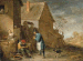 A peasant eating mussels at a farm, with a woman at a well and a man with his dog, a landscape with a church beyond 