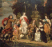 Group portrait of a family in an Italianate garden with an ornate fountain 