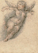 A putto leaning on clouds, after Raphael  