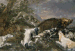 Hounds attacking a boar in a river landscape  