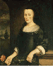 Portrait of a lady, three-quarter-length, in a terrace holding a flower  