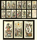 Dellarocca Tarot, circa 1830, Milan, Ferdinando Gumppenberg, 78 of 78 cards, hand colored and stencil colored steel engravings, wrap around paper edges, king of bastoni contains tax stamp of the Kingdom of Lombardy under Austrian rule, 70 centesimi (valid 1823-1840) plus name of designer, C(arlo) Dellarocca and FAB DI GUMPPENBERG MILANO.  Major Arcana and courts are full-length figures, Italian card titles, Roman numerals, Italian suits, square corners, two indices, the letter M appears on the garment worn by Il Matto.  Backs are woodblock printed image of young shepherd boy sitting on a rock and playing the guitar, a dog at his feet, below reads F.G. MIL, all in pink.  Size 4 3/16 in. (10.6 cm.) high, 2 1/8 in.  (5.4 cm.) wide.  Slightly worn.  Kaplan I & II, var.