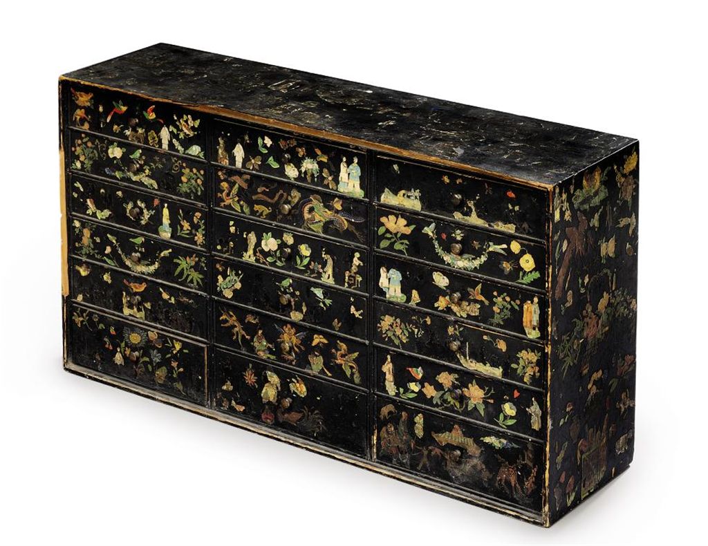 A REGENCY DECOUPAGE DECORATED EBONISED , FIRST HALF 19TH