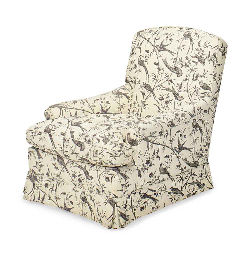 A BLACK TOILE UPHOLSTERED CLUB CHAIR, , BY WILLIAM (BILLY) HAINES