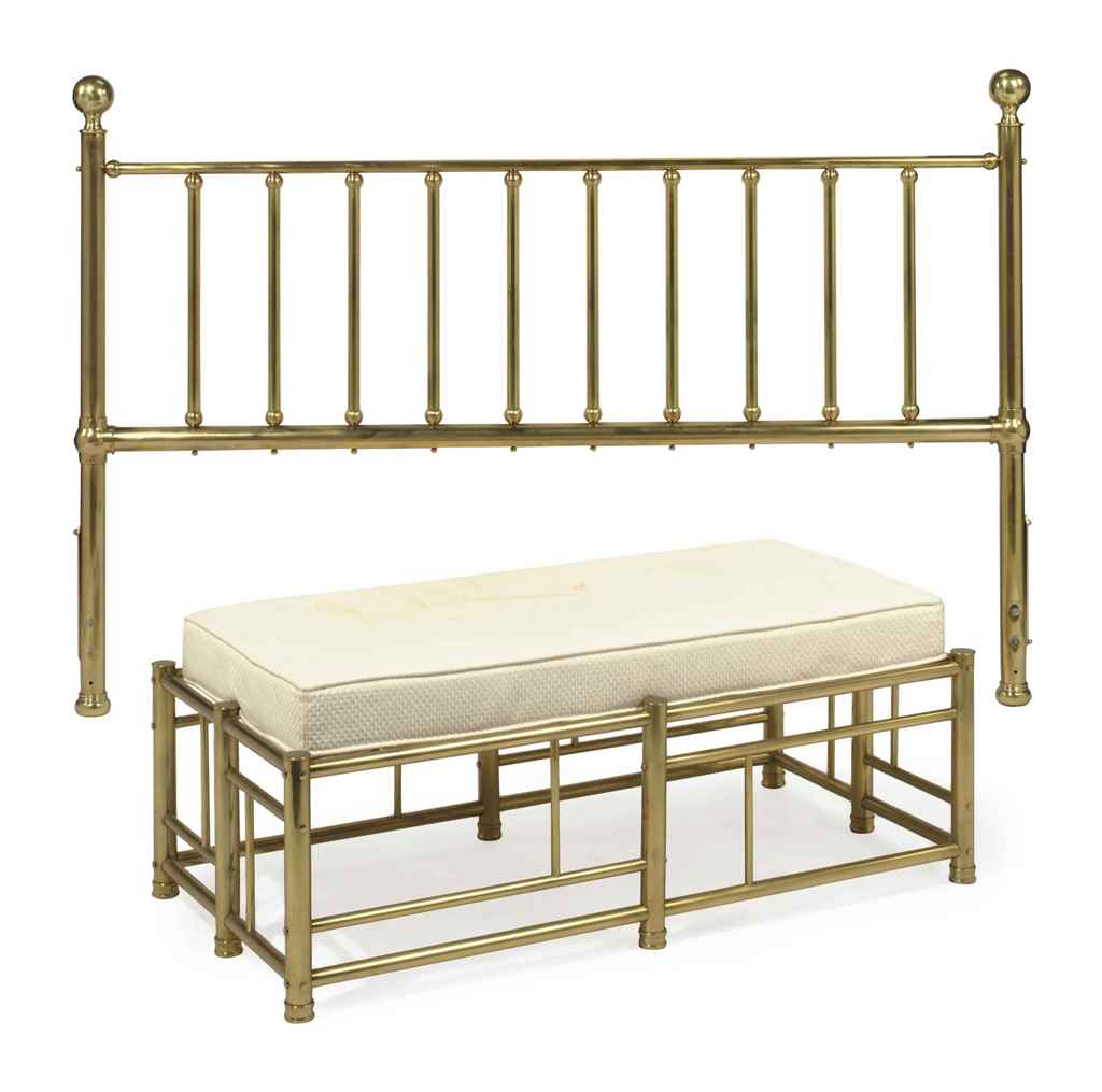 A BRASS HEADBOARD AND UPHOLSTERED BENCH, , 20TH CENTURY Christie's