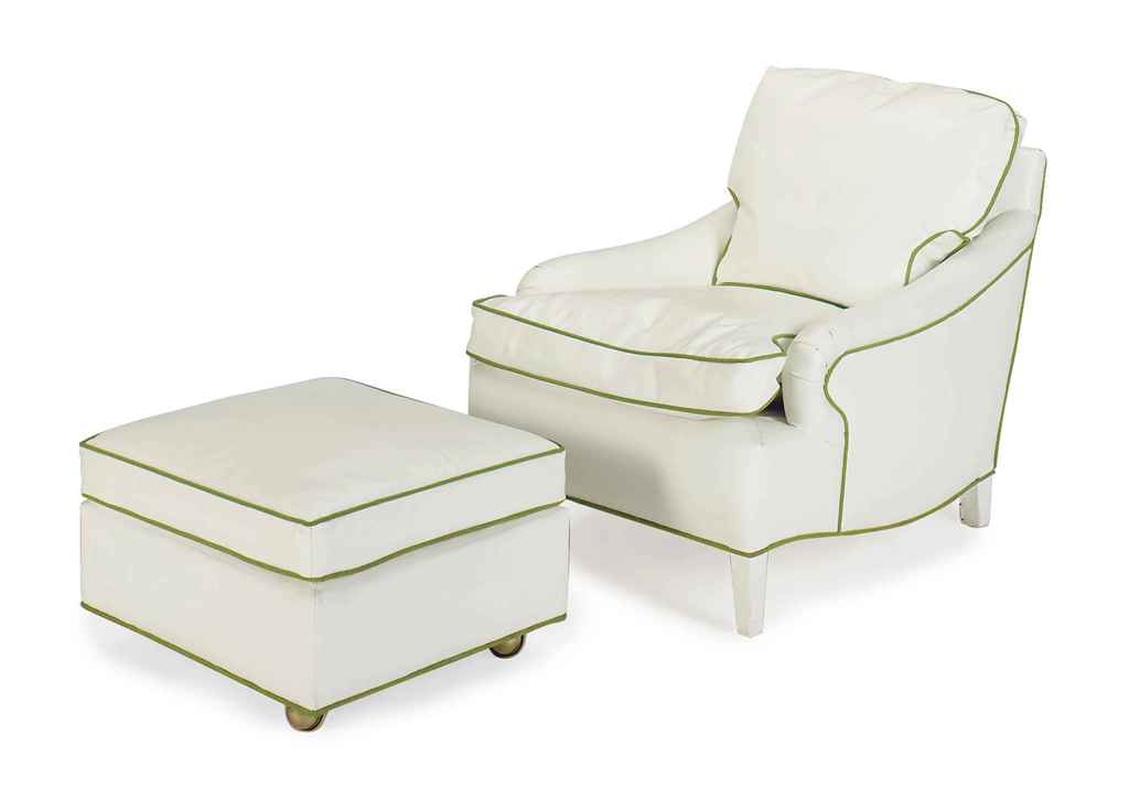 A WHITE VINYLUPHOLSTERED CLUB CHAIR AND OTTOMAN, , BY WILLIAM (BILLY