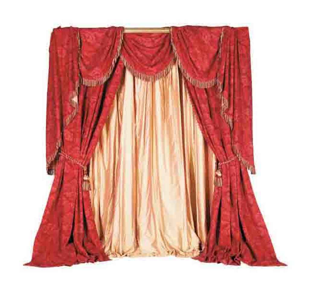 TWO PAIRS OF DOUBLE CURTAINS, TWO PELMETS AND SWAGS, WITH TWO GILT