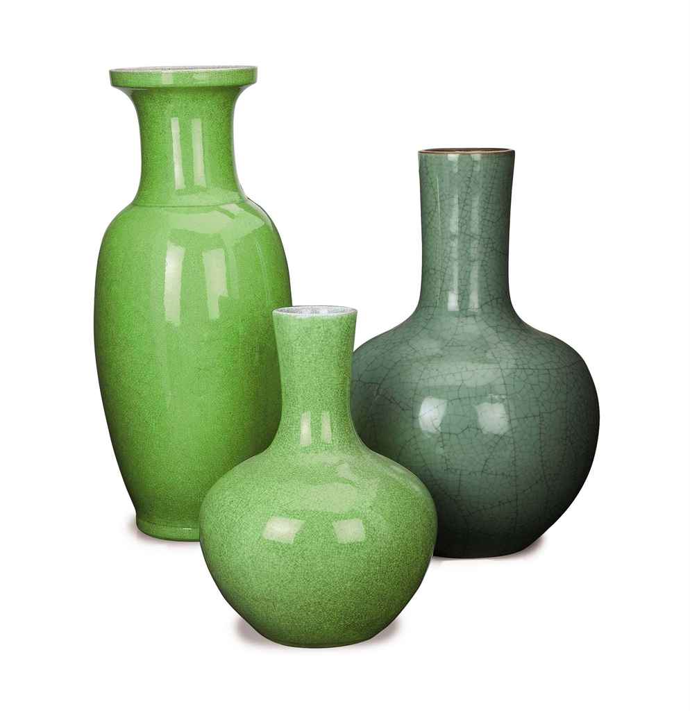 THREE CHINESE GREEN CRACKLE GLAZED VASES, , MODERN Christie's