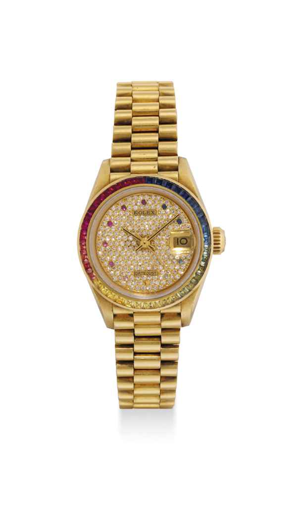 ROLEX. A LADY'S FINE AND UNUSUAL 18K GOLD, DIAMOND AND RAINBOW-COLOURED MULTI-GEM SET AUTOMATIC 