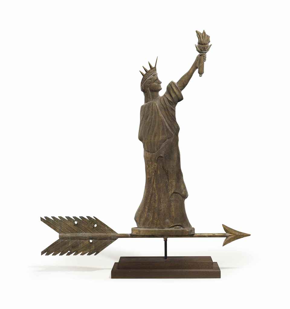 A MOLDED AND GILT COPPER AND ZINC STATUE OF LIBERTY WEATHERVANE
