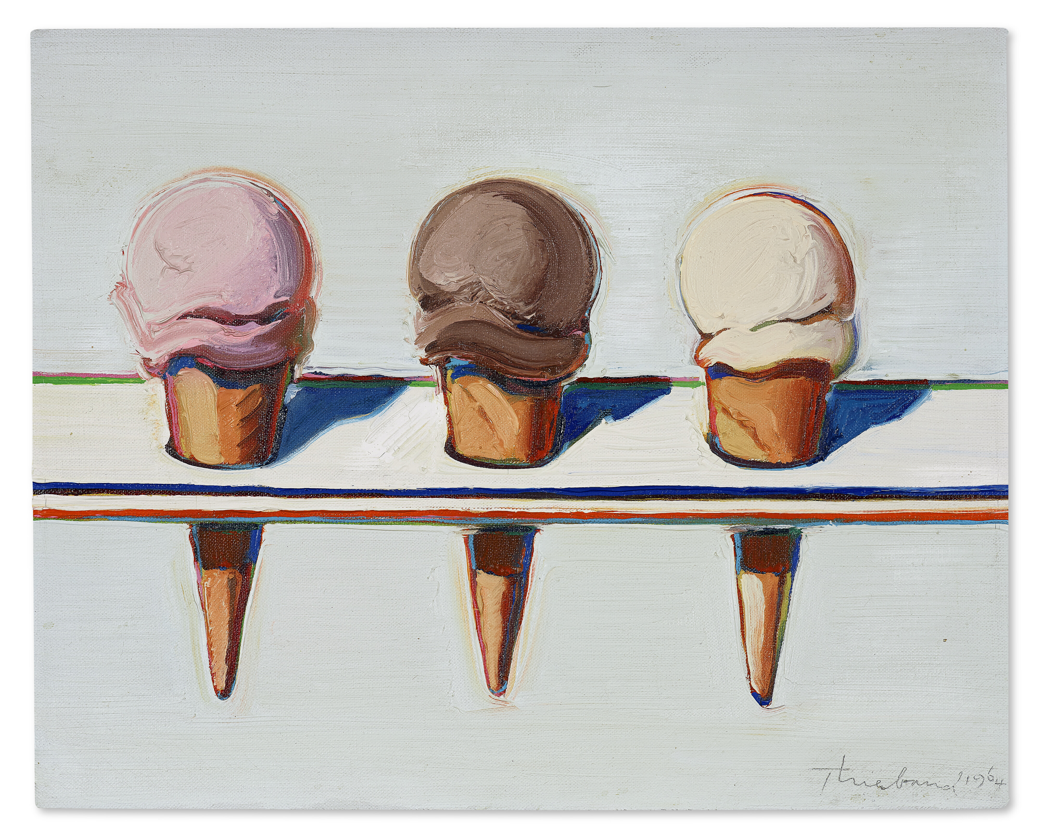 Property from the Family of Nina Van Rensselaer WAYNE THIEBAUD (1920 - 2021) Three Ice Cream Cones oil on canvas 12 x 15 in. (30.5 x 38.1 cm.) Painted in 1964. $2,500,000-3,500,000