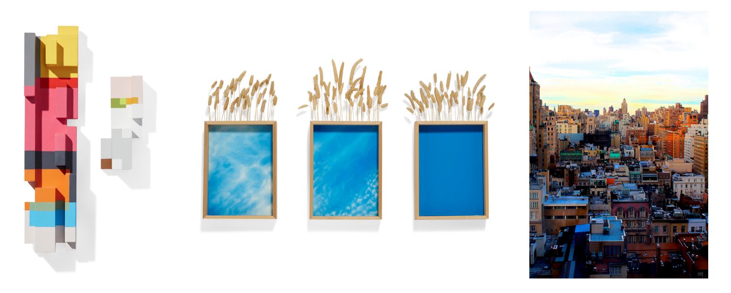  
(left to right) ﻿TIM BALBONI, ﻿Ida and Dactyl, ﻿﻿diptych, acrylic on basswood, Estimate: $1,000 - 1,500; ﻿LAURA MURRAY, ﻿Oklahoma Studies, ﻿﻿oil on 3 panels, wood, hay Oklahoma state quarter, Estimate: $600 - 800.; ﻿ALIX BICKSON, ﻿Concrete Jungle, ﻿﻿chromogenic print, Estimate: $100 - 200.