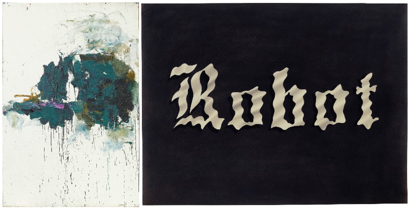 (left to right) Joan Mitchell, Violet Cypress, 1964, oil on canvas, Sold for: $1,575,000; Ed Ruscha, Wavy Robot, 1975 Gunpowder on paper. Sold for: $1,203,000