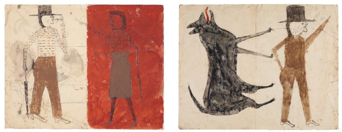 Bill Traylor (circa 1853-1949), Man on White, Woman on Red / Man with Black Dog (double-sided), 1939-1942, tempera and graphite on repurposed paper, 18 ⅞ x 24 in., Estimate: $200,000-400,000