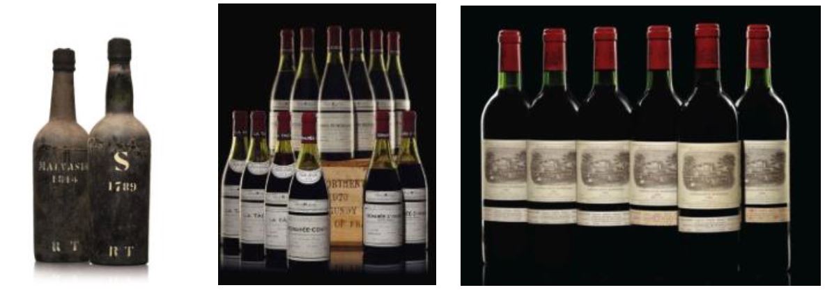 
(From left to right) Lot 843, Rufino Teixeira, Malvasia 1814, 2 bottles per lot, Price realized: $11,875. Lot 263, Domaine de la Romanée-Conti, Assortment 1978, 12 bottles per lot, Price Realized: $37,500. Lot 146, Château Lafite-Rothschild 1982, 12 bottles per lot, Price realized: $32,500.