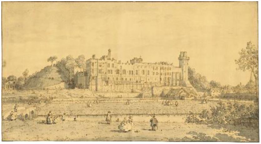GIOVANNI ANTONIO CANAL, IL CANALETTO (VENICE 1697-1768), View of the South front of Warwick Castle, pen and brown ink, gray wash, estimate: $800,000-1,200,000
