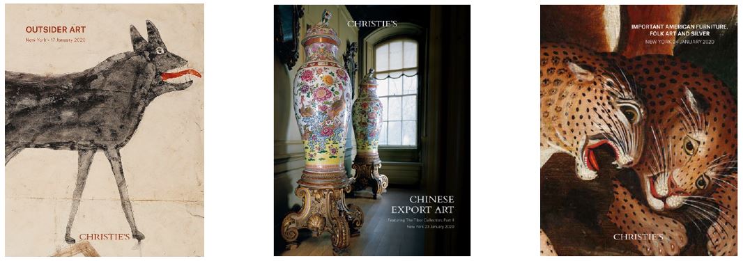 
(From left to right) Outsider Art; Chinese Export Art Featuring the Tibor Collection, Part II; Important American Furniture, Folk Art and Silver