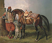 Alfred de Dreux - An African groom holding a stallion, with a dog