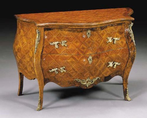 ITALIAN ROCOCO STYLE ORMOLUMOUNTED KINGWOOD, BURRWALNUT AND PARQUETRY BOMBE COMMODE , LATE 