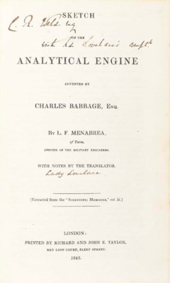MENABREA, Luigi Federico. Sketch of the Analytical Engine invented by