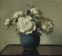 White peonies in a blue earthenware vase