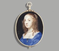 A lady called Mrs John Lewis (née Sarah Foote), in white- bordered blue silk dress, gem-set brooch flanked by four pearls, suspended with drop-pearl and worn at corsage, a strand of pearls in her upswept fair curling hair and falling over her shoulders
