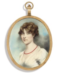 A young lady, in white dress with puffed sleeves, coral necklace, upswept curling dark hair; sky background